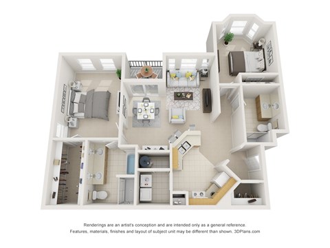 Floor plan for 2 beds, 2 baths, 1283 sqft
